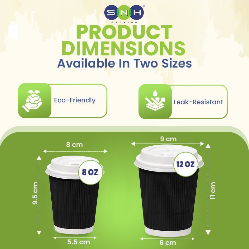 Black Ripple Wall Paper Cups with Bagasse Lids 8oz 12oz - SNH Packing