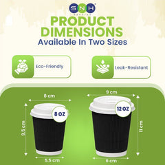 Black Ripple Wall Paper Cups with Bagasse Lids 8oz 12oz - SNH Packing