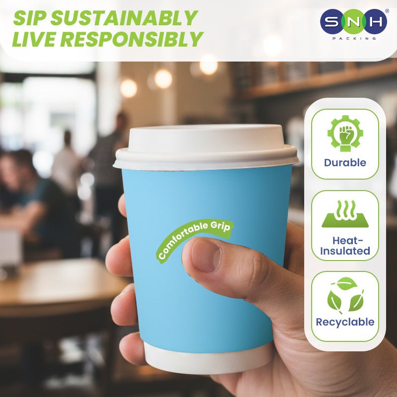 Blue Double Wall Paper Cups with Bagasse Lids - SNH Packing