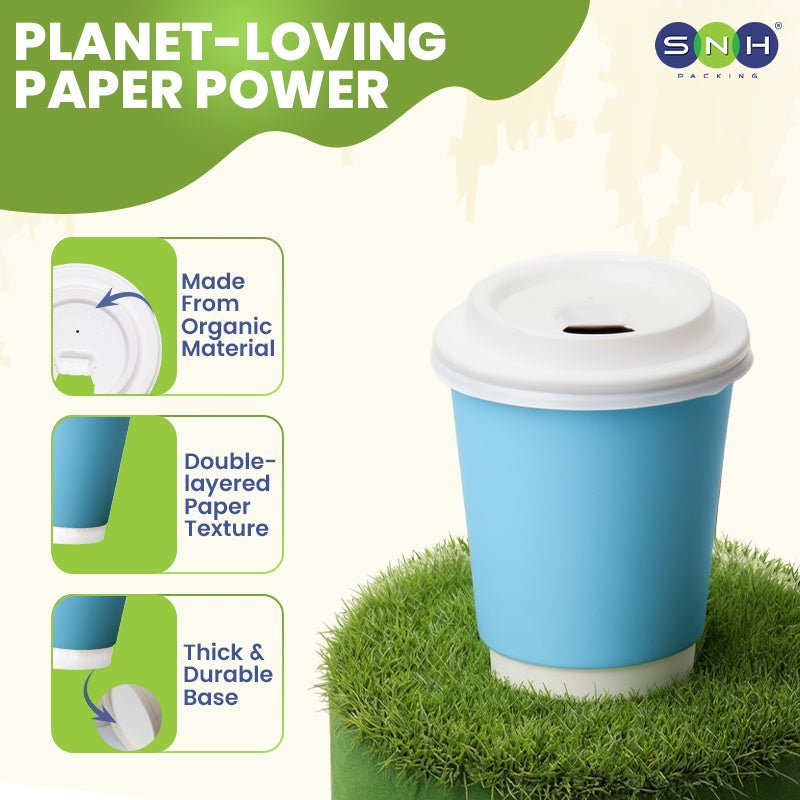 Blue Double Wall Paper Cups with Bagasse Lids - SNH Packing