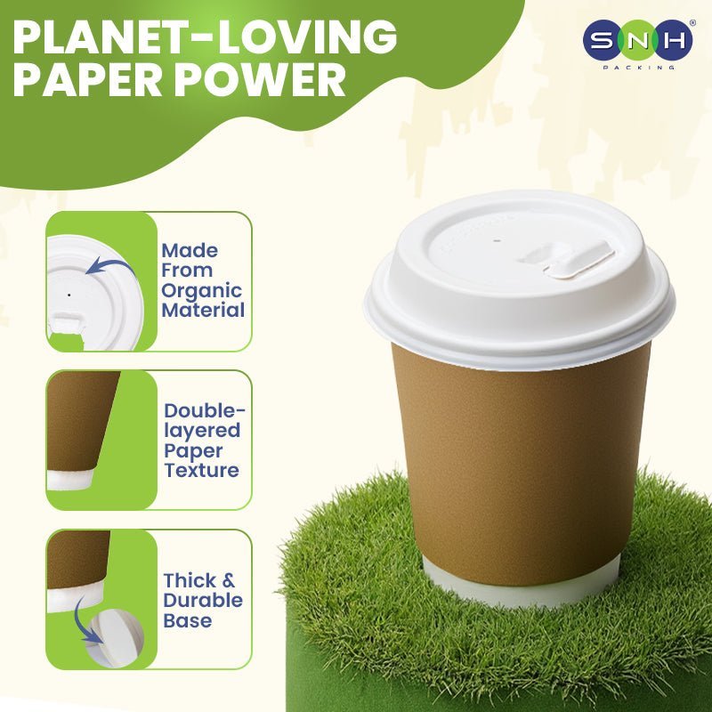 Brown Double Wall Paper Cups with Bagasse Lids 8 OZ 12 OZ - SNH Packing
