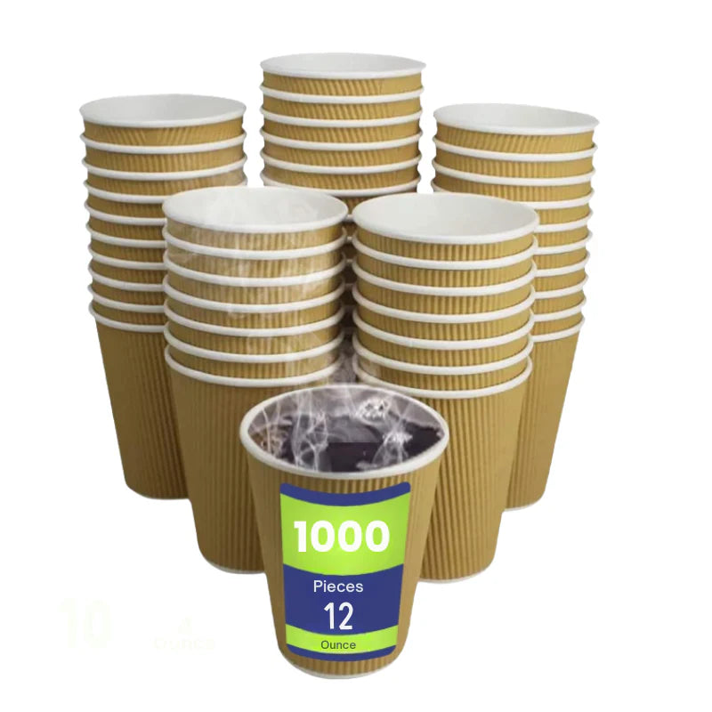 Stacks of brown paper cups with a visible label indicating 1000 pieces and a capacity of 12 ounces on a white background.