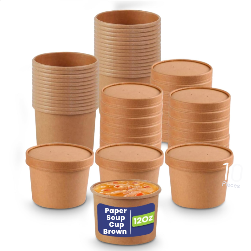 Stacks of brown paper soup cups with a single cup containing soup on a white background.