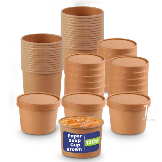 Stacks of brown paper soup cups with a single cup containing soup on a white background.