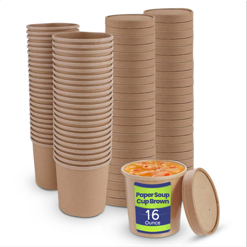 Stacks of brown paper cups with a single cup containing food on a white background