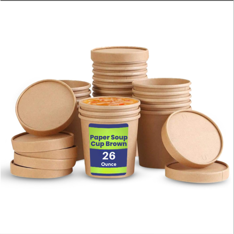 Stack of brown paper soup cups with a visible label on a white background