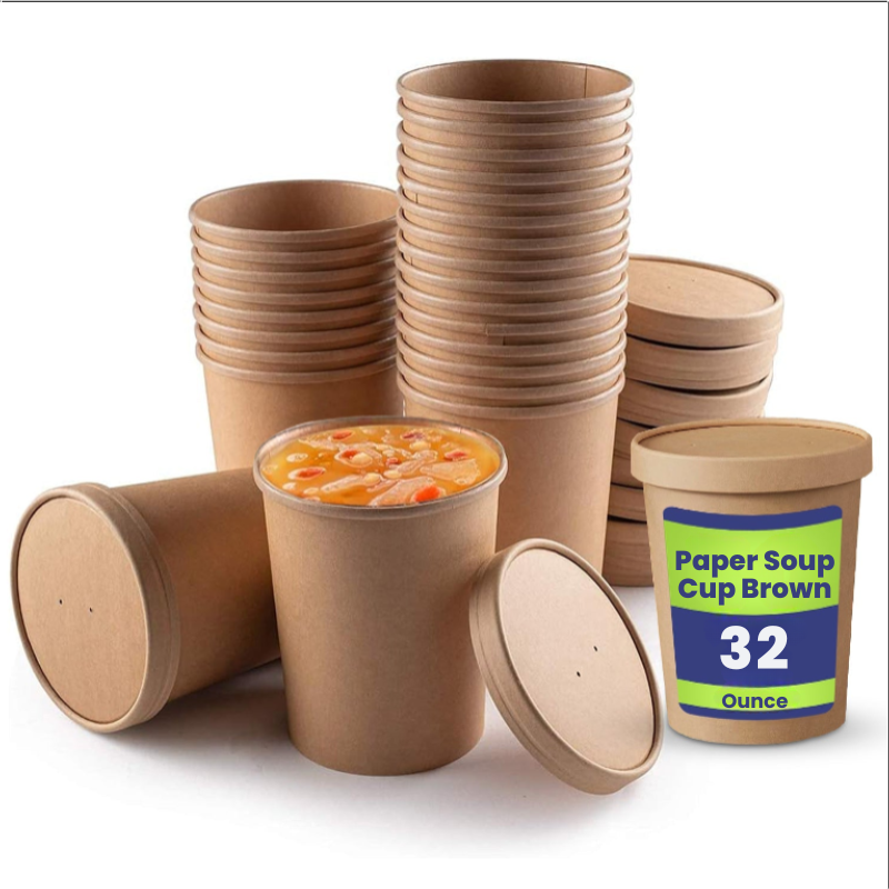 Stacks of brown paper soup cups with a labeled container on a white background