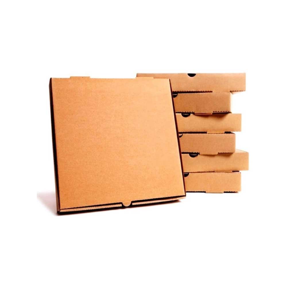 A pack of brown, kraft paper pizza boxes, with a single box displayed in front and multiple boxes stacked behind it.