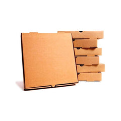 A pack of brown, kraft paper pizza boxes, with a single box displayed in front and multiple boxes stacked behind it.