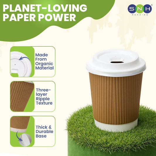 Brown Ripple Wall Paper Cup with Bagasse Lid - SNH Packing