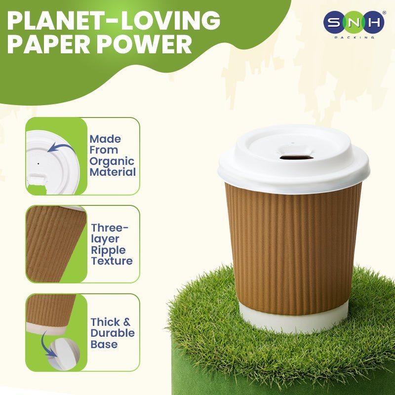 Brown Ripple Wall Paper Cup with Bagasse Lid - SNH Packing