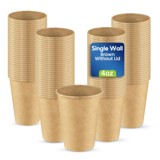 Stacks of brown paper cups with a label indicating 'Single Wall Brown Without Lid' on a white background.