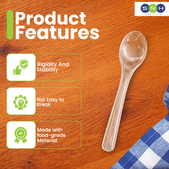 Clear plastic spoon on a wooden surface with product features listed.