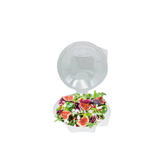 A clear plastic hinged salad bowl with a lid, containing a fresh salad with visible vegetables.