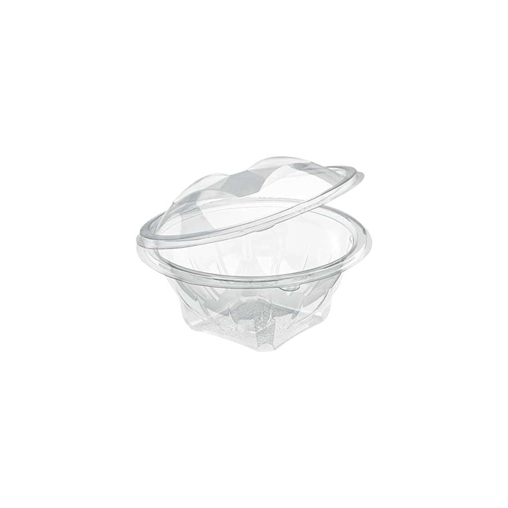 A clear plastic hinged salad bowl with a lid, containing a fresh salad with visible vegetables.