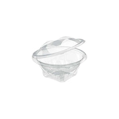 A clear plastic hinged salad bowl with a lid, containing a fresh salad with visible vegetables.