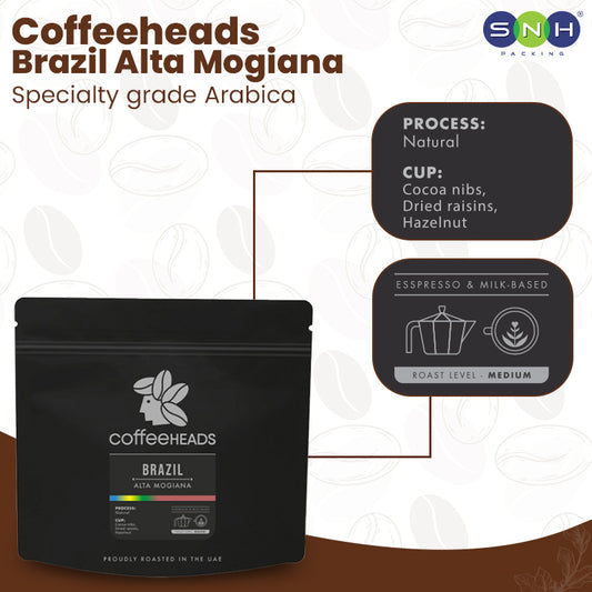 Coffee package labeled 'Coffeeheads Colombia Anaerobic' with coffee flavor and brewing information on a white background.