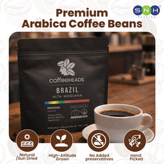 Coffee package labeled 'Coffeeheads' with a cup of coffee on a wooden table.