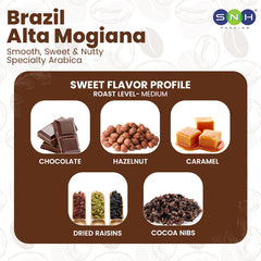 Coffee flavor profile chart for Brazil Alta Mogiana with images of chocolate, hazelnut, caramel, dried raisins, and cocoa nibs.