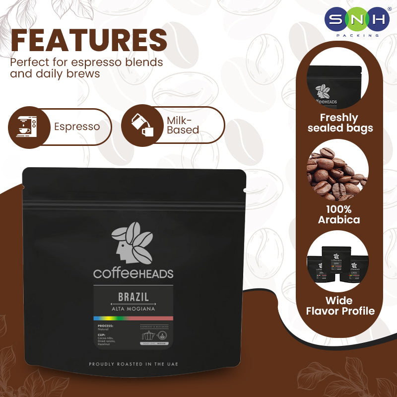 Coffee package with features listed on a brown and white background
