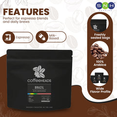 Coffee package with features listed on a brown and white background