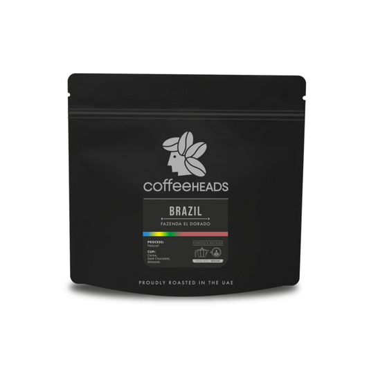 Black coffee packaging with 'Coffeeheads' branding on a white background