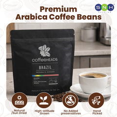 Coffee package with 'CoffeeHeads' branding on a kitchen counter, featuring a cup of coffee.