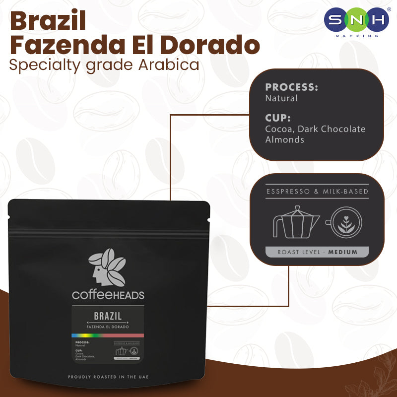Coffee package labeled 'Brazil Fazenda El Dorado' with coffee flavor and process details on a white background.