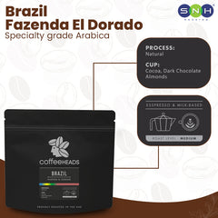 Coffee package labeled 'Brazil Fazenda El Dorado' with coffee flavor and process details on a white background.