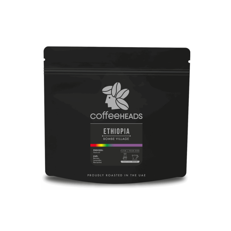 Black coffee packaging with 'Coffeeheads' branding on a white background
