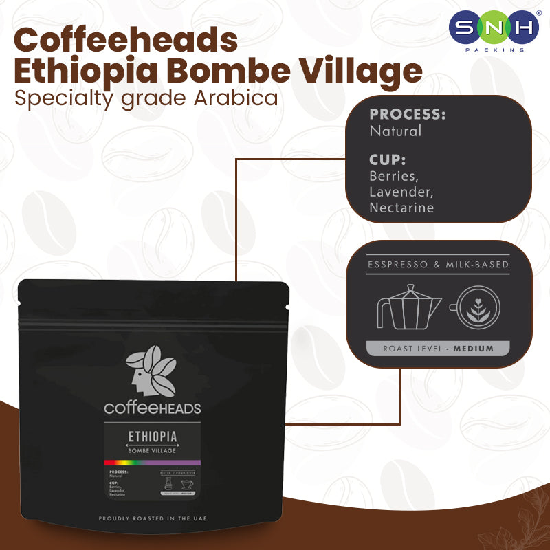 Coffee package labeled 'Coffeeheads Ethiopia Bombe Village' with coffee flavor and process details.