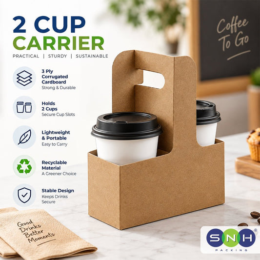 Corrugated 3 Ply 2 Cup Carrier Brown Disposable Beverage Holder - SNH Packing