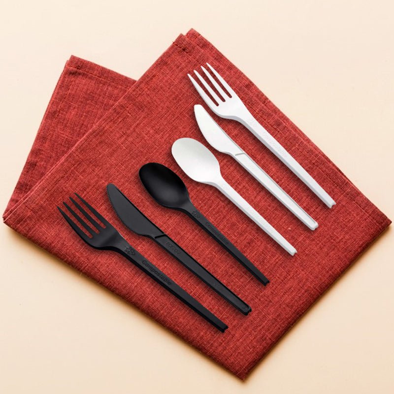 CPLA Individual Cutlery – Fork, Knife & Spoon (Black & White) – Biodegradable Disposable Tableware - SNH Packing