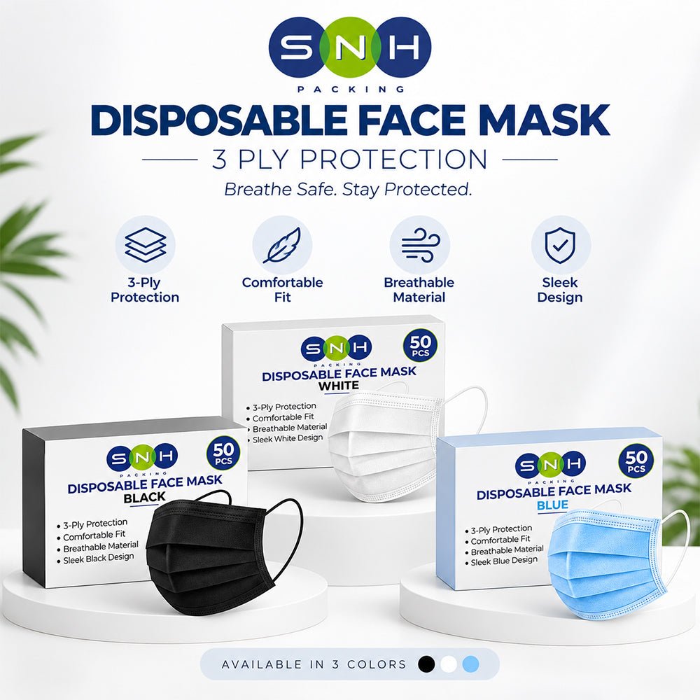 Disposable 3 Ply Face Masks 50 Pieces Black White Blue - SNH Packing