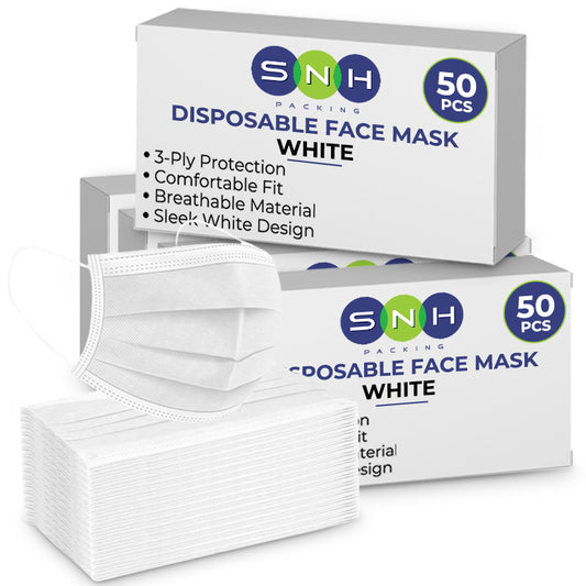 Box of SNH disposable face masks with a white background