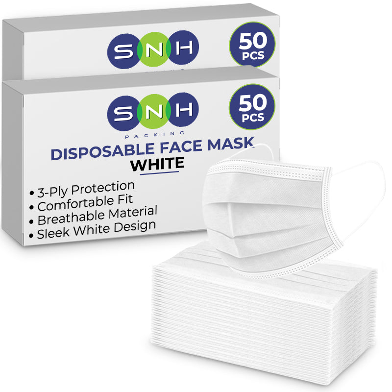 Box of SNH disposable face masks with a stack of white face masks on a white background