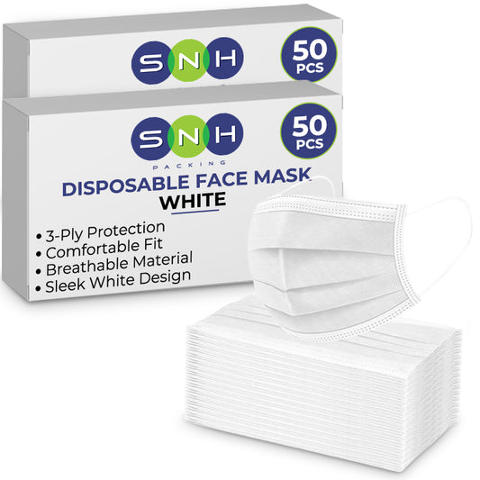 Box of SNH disposable face masks with a stack of white face masks on a white background
