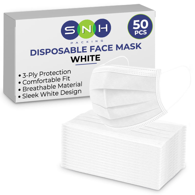 Box of white disposable face masks with SNH branding on a white background