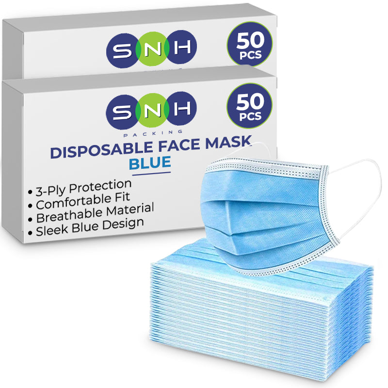 Box of SNH disposable face masks with a stack of blue masks on a white background