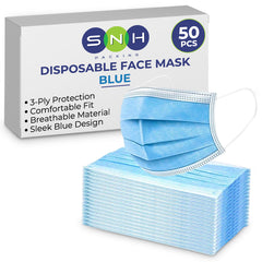 Box of disposable face masks with a stack of blue masks on a white background