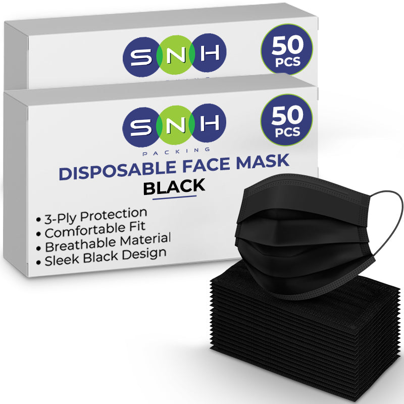 Box of SNH disposable face masks with a stack of black face masks on a white background