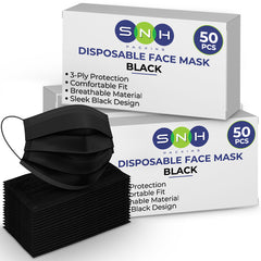 Black disposable face masks with packaging labeled SNH on a white background