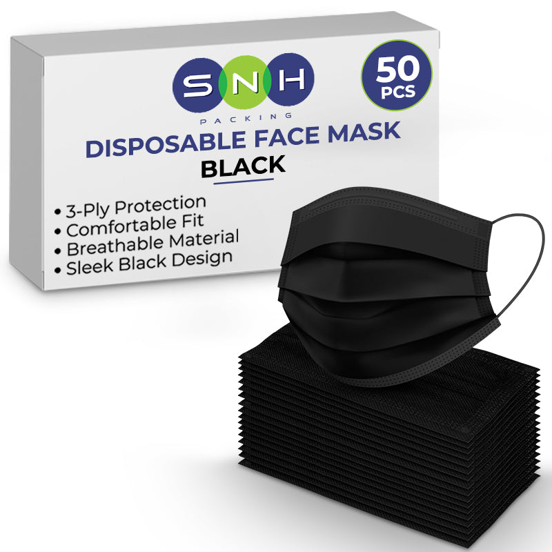 Box of black disposable face masks with SNH branding on a white background