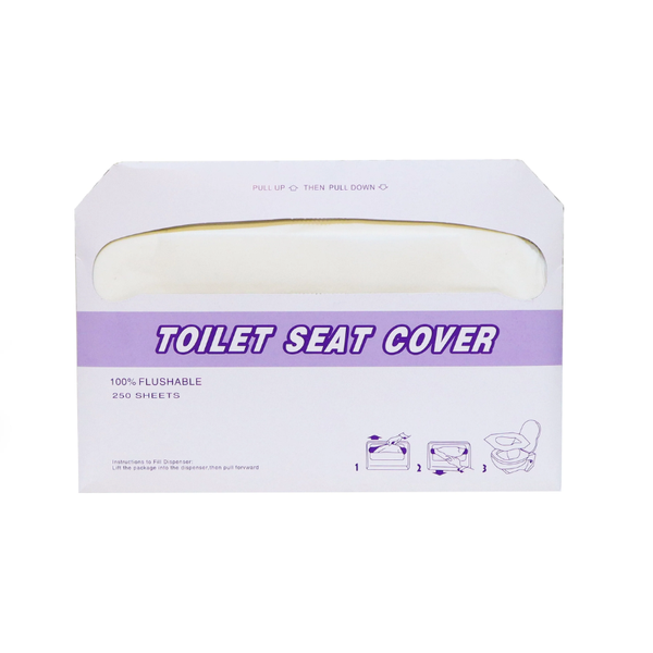 Box of toilet seat covers with purple text on a white background