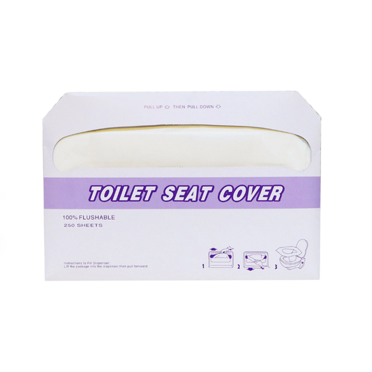 Box of toilet seat covers with purple text on a white background