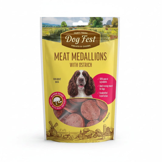 Dog Fest Medallions With Ostrich For Adult Dogs- 90g - SNH Packing