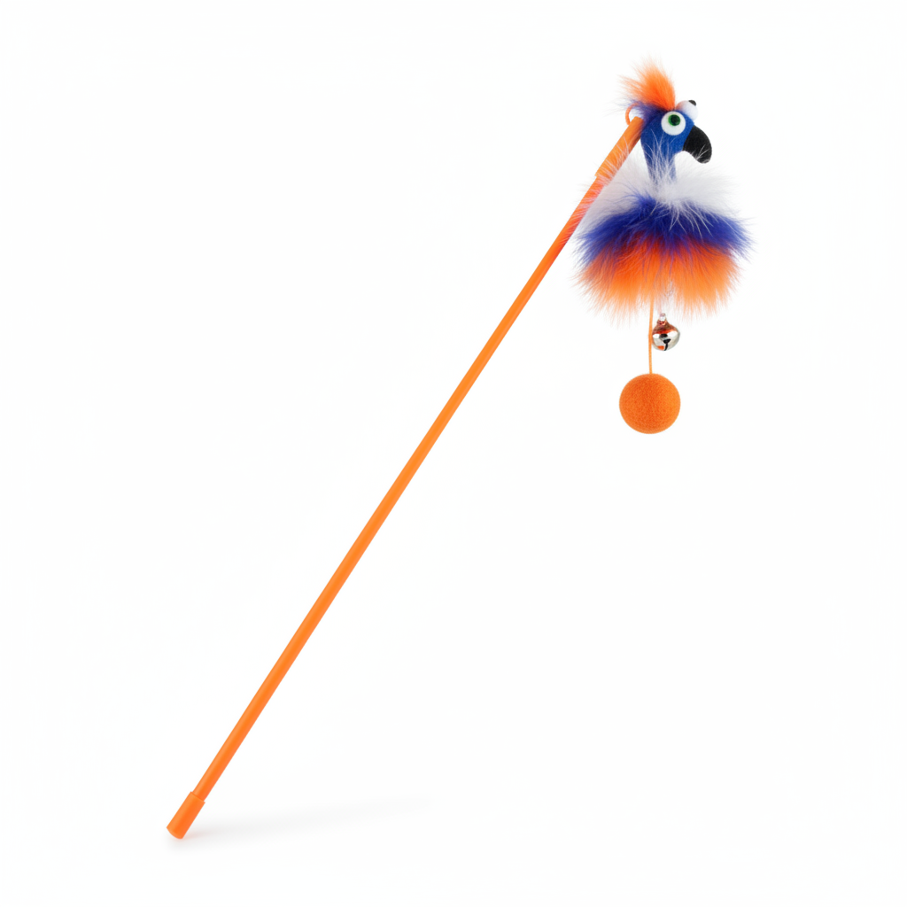 All For Paws Furry Ball Fluffy Bird Wand (Orange)