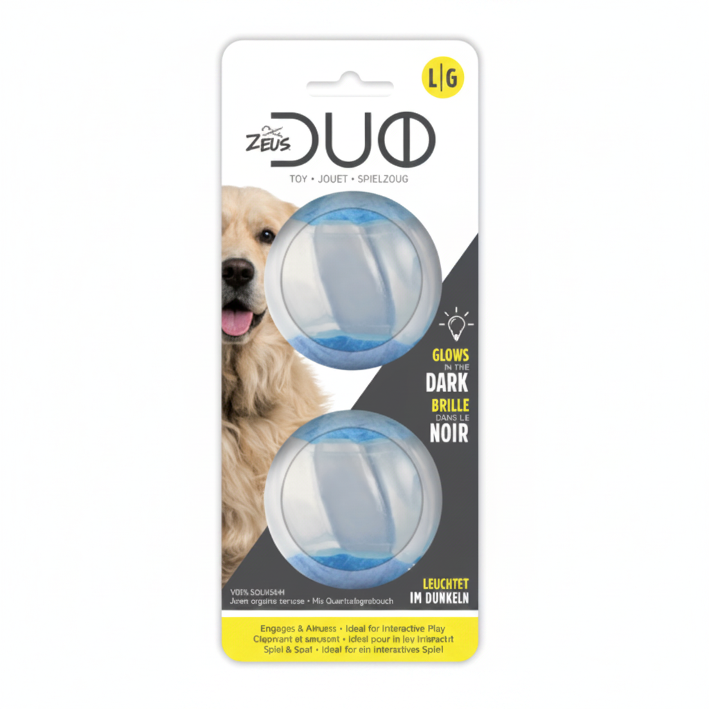 Zeus Duo Ball, 6.3cm with Squeaker & Glow, 2pk