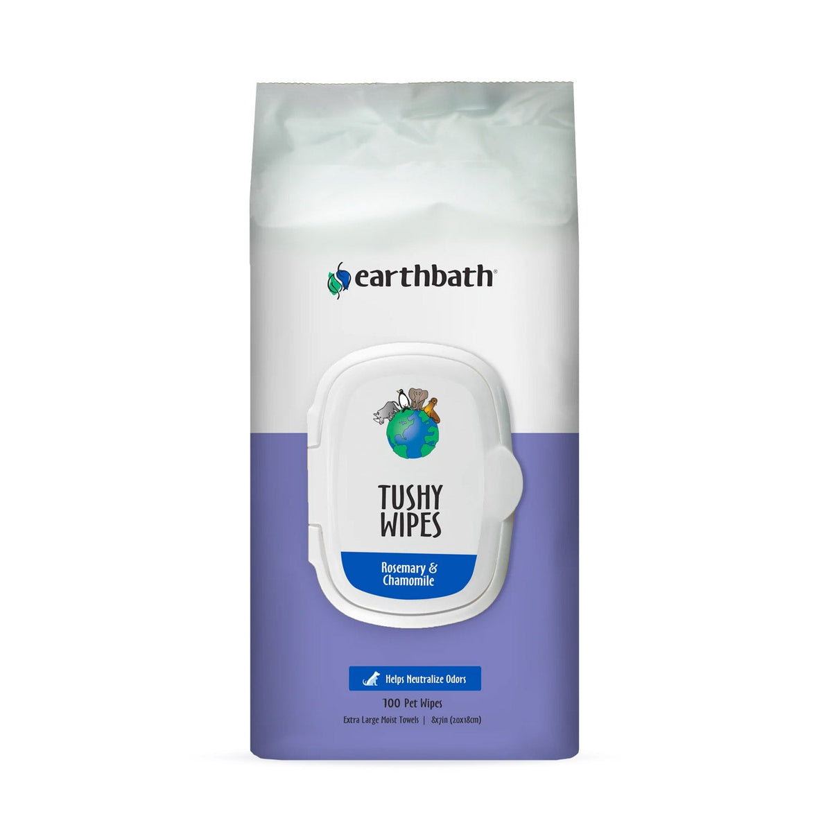Earthbath Tushy Wipes, Rosemary & Chamomile Odor-Eating Enzymes & Baking Soda, 100 ct wipes in re-sealable pouch