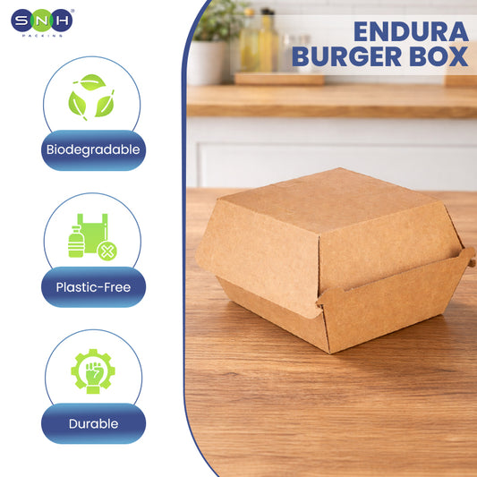 Endura Burger Box on a wooden surface with SNH branding and sustainability features.